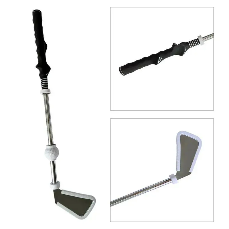 Retractable golf swing training aid with black training grip, metal shaft and white club head for practising swing technique.