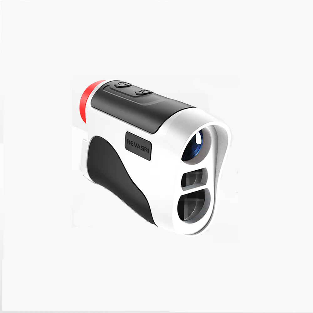 REVASRI golf laser rangefinder with slope switch, compact handheld design and distance measuring capability for golf course use.