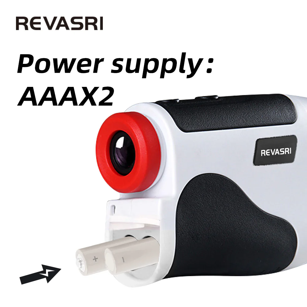 REVASRI golf laser rangefinder with slope switch, compact handheld design and distance measuring capability for golf course use.