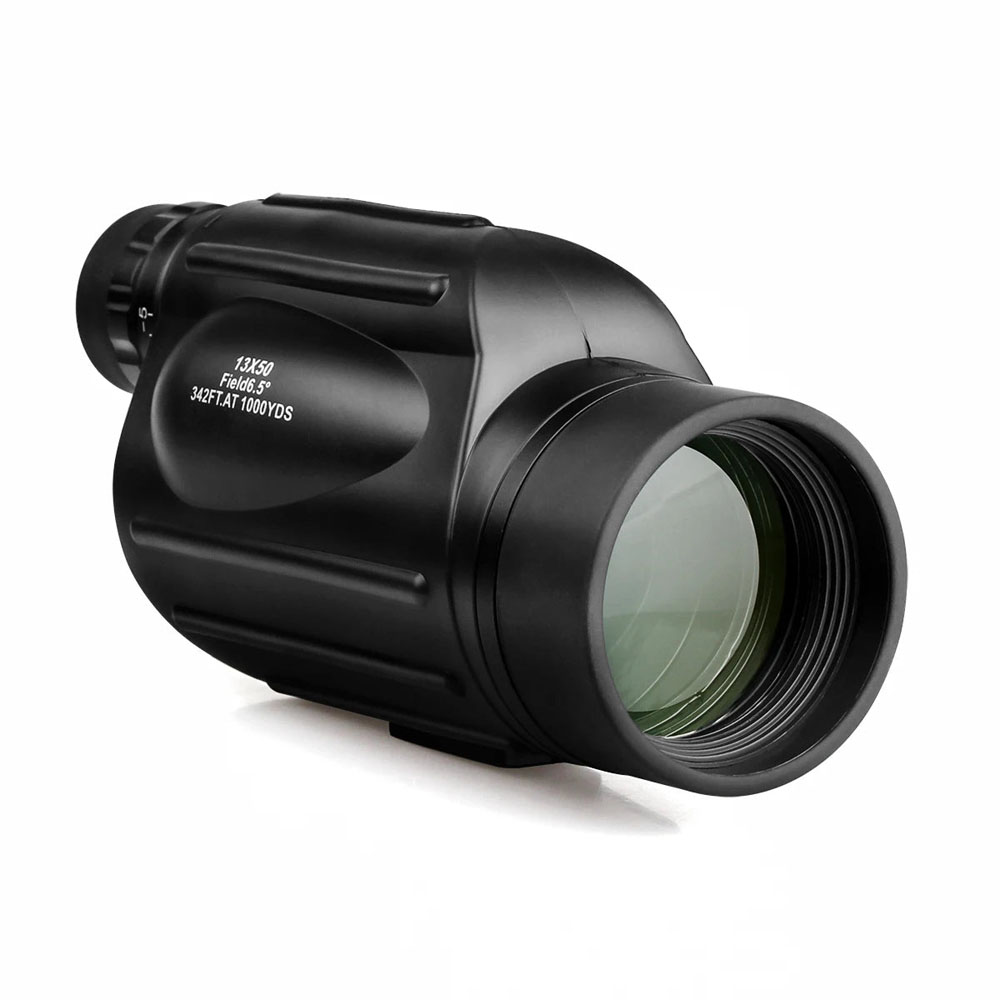 Black SVBONY SV49 13x50 monocular with waterproof design and accessories, shown in various angles including lens detail and packaging contents.