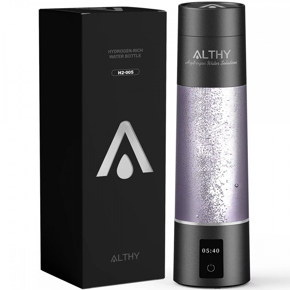 ALTHY Hydrogen Water Bottle with Gift Box – Premium Hydrogen-Rich Water Generator ALTHY hydrogen-rich water bottle with sleek black design and digital timer, shown next to its elegant black packaging box.