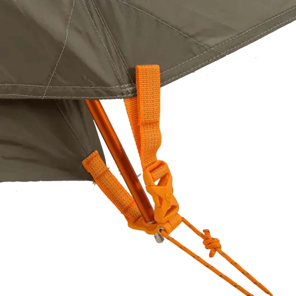 Detail of fly attachment clip securing the rainfly to the tent pole on the Big Agnes C Bar Tent.
