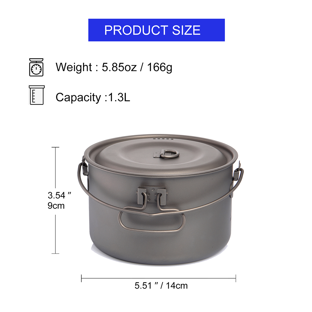 Image of a lightweight titanium pot with folding handle and measurement marks by Widesea.