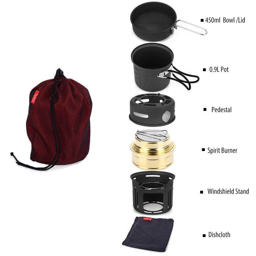 Compact outdoor kitchenware set for camping with pot, bowl, stove, and accessories neatly packed in a mesh bag.