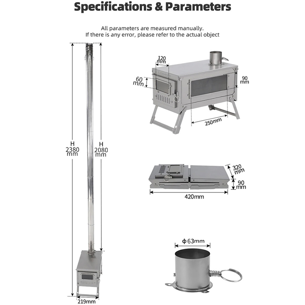 Full view of Titanium Alloy Folding Hot Tent Stove with adjustable air intake and glass windows