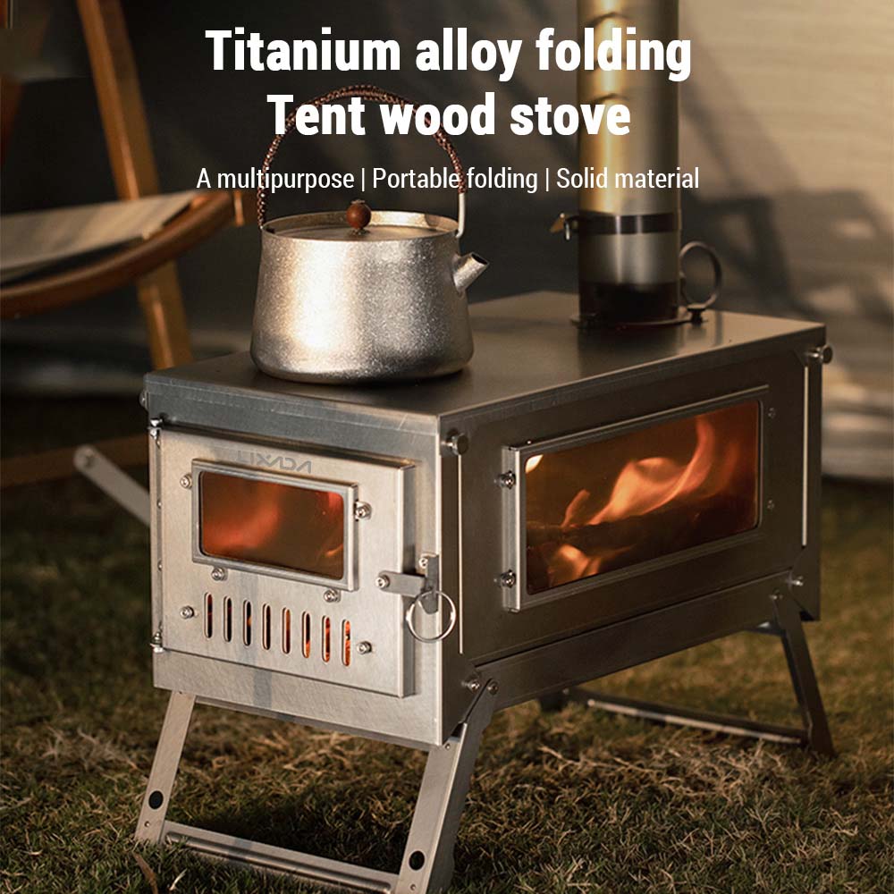 Full view of Titanium Alloy Folding Hot Tent Stove with adjustable air intake and glass windows