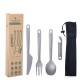 Boundless Voyage Ti1066T Titanium Cutlery Set including a knife, fork, spoon, and bottle opener, showcasing ultra-lightweight design and compact dimensions.