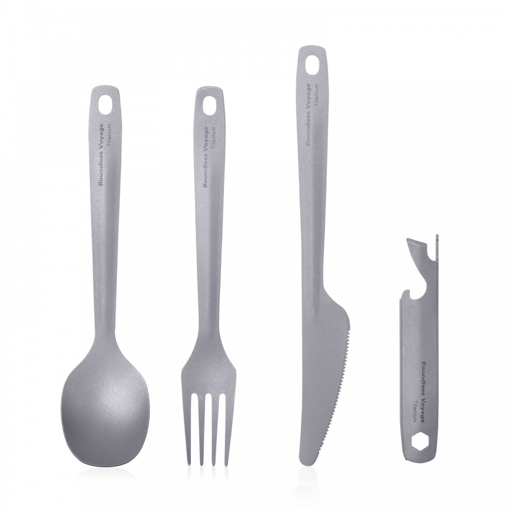 Boundless Voyage Ti1066T Titanium Cutlery Set including a knife, fork, spoon, and bottle opener, showcasing ultra-lightweight design and compact dimensions.