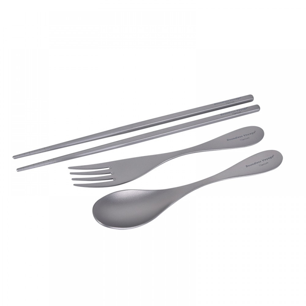 Boundless Voyage Ultralight Titanium Cutlery Set including a spoon, fork, and chopsticks, showcasing durability and sleek design.