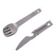 Boundless Voyage Ti1077T cutlery set made of 99.8% titanium, including a knife, fork, and spoon, showcasing its lightweight and sleek design.