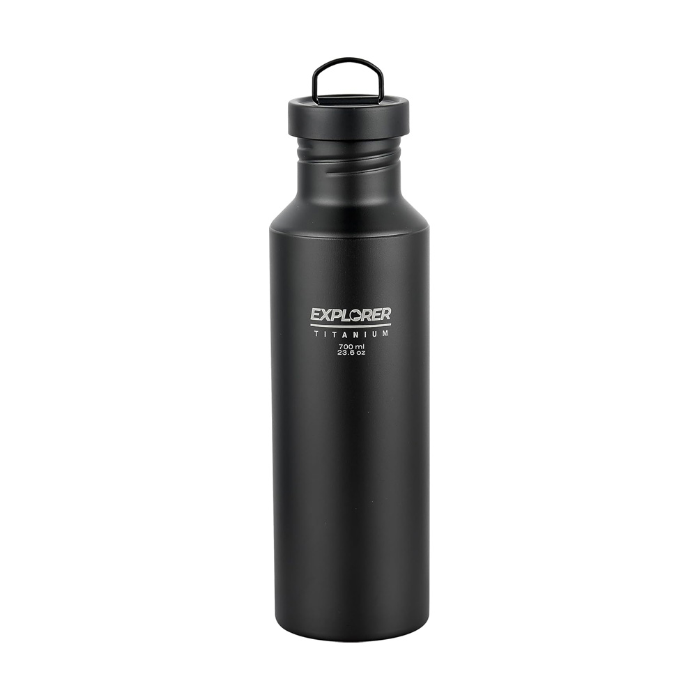 Black Titanium Camping Water Bottle 700ml with wide mouth and neoprene sleeve