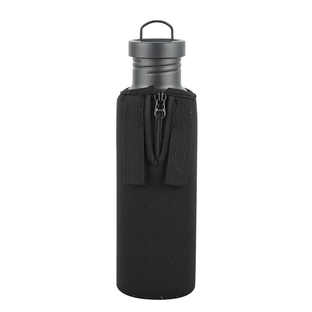 Black Titanium Camping Water Bottle 700ml with wide mouth and neoprene sleeve