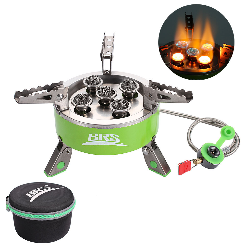 High-Power Portable Gas Stove with 5 burners, showcasing its sturdy build and foldable design, packed in a convenient storage case.