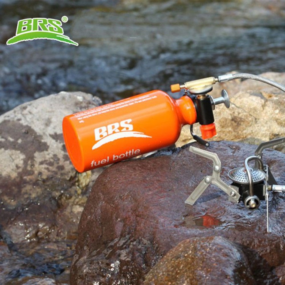 BRS Fuel Bottle in various sizes, made of 7072 aluminum alloy, showcasing its looped seal topper and portable design.