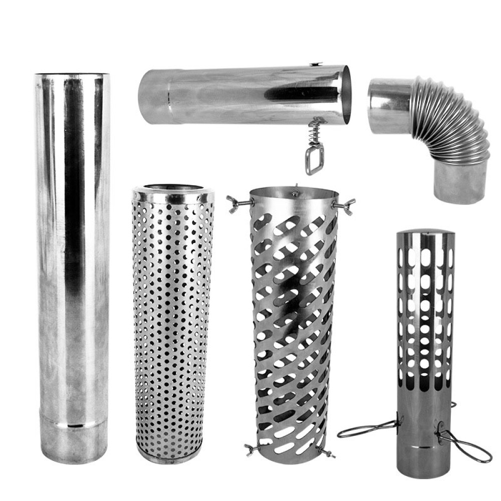 Stainless steel hot tent stove accessories for flue systems, including smoke pipes, anti-scald sheaths, and regulating chimneys