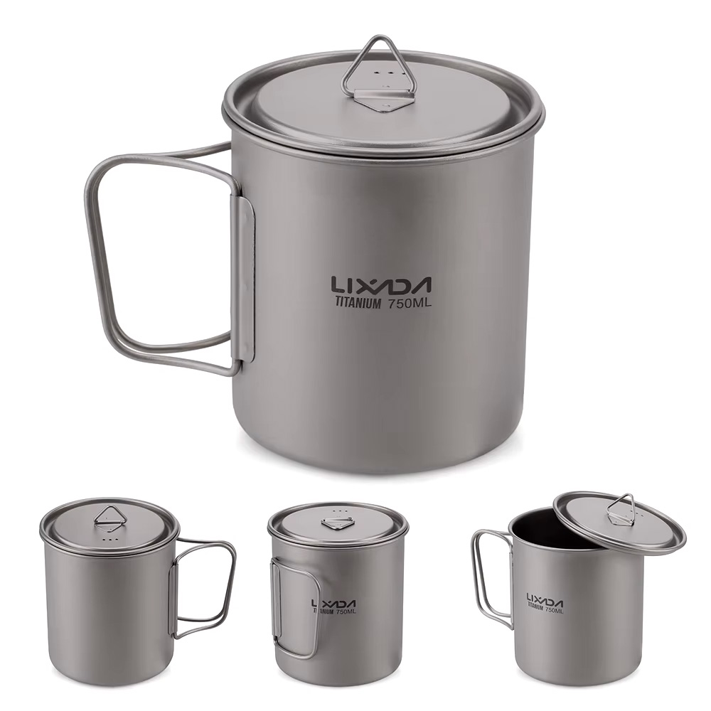 Lixada Titanium Pot with 750ml capacity, measuring marks, secure grip lid, and mesh sack.