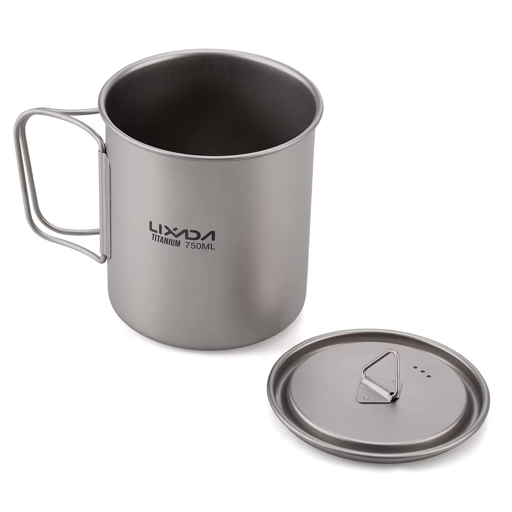 Lixada Titanium Pot with 750ml capacity, measuring marks, secure grip lid, and mesh sack.