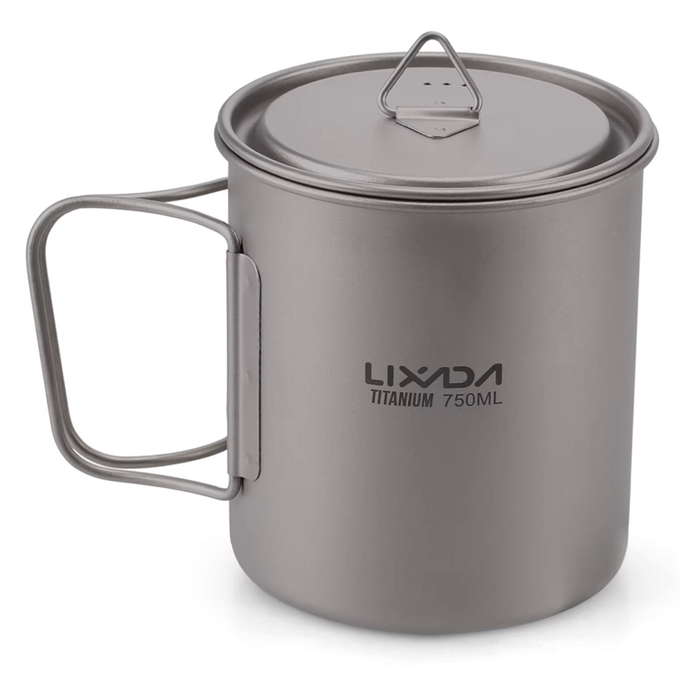 Lixada Titanium Pot with 750ml capacity, measuring marks, secure grip lid, and mesh sack.