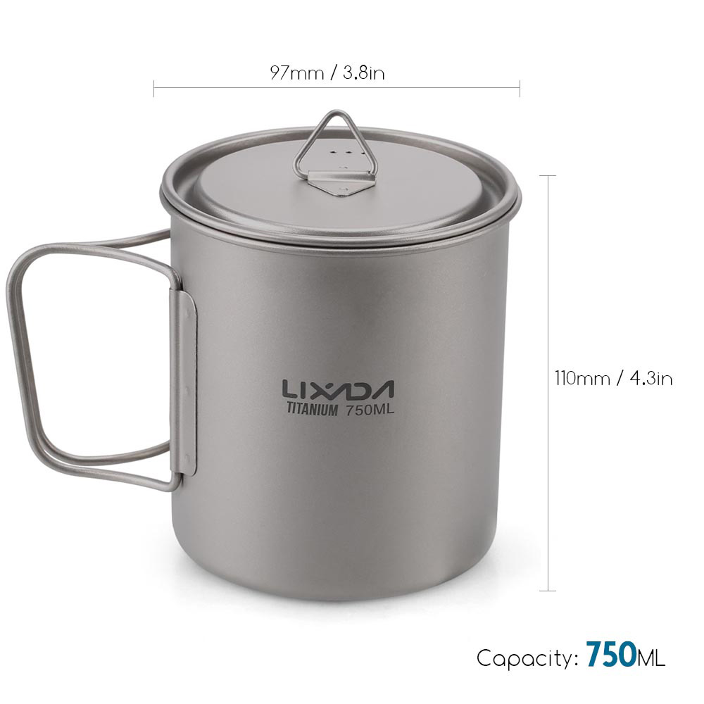 Lixada Titanium Pot with 750ml capacity, measuring marks, secure grip lid, and mesh sack.