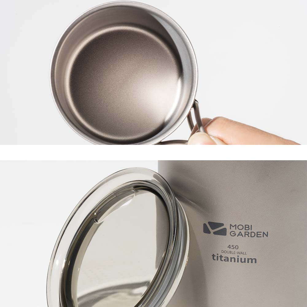 MOBI GARDEN Double-Walled Titanium Cup with Cover for Camping and Hiking