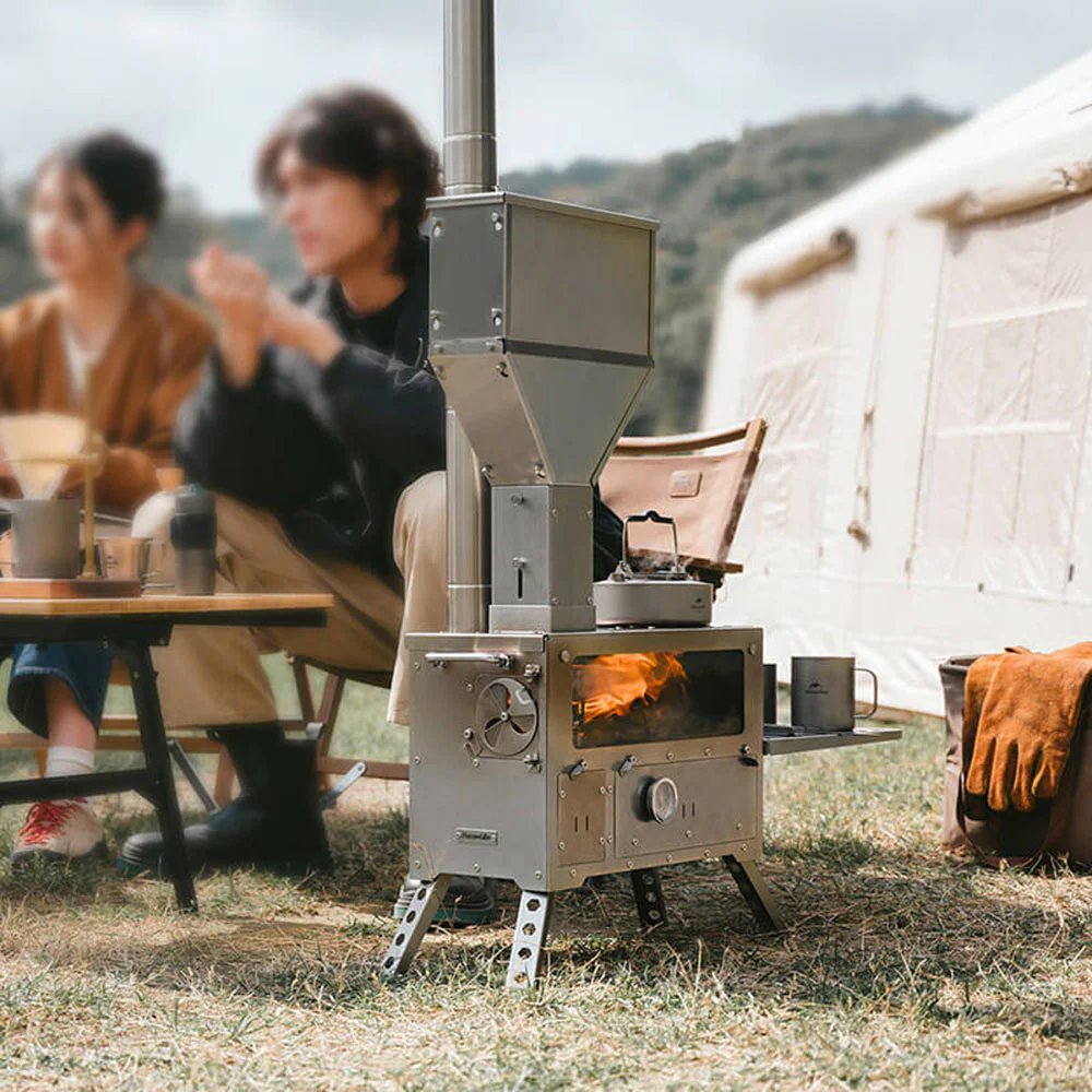 Wood Burning Stove, Camping Stove, Stainless Steel Hot Tent Stove With Oven, Titanium Camping Table Base, 6 Chimney Pipes, Fire Tongs