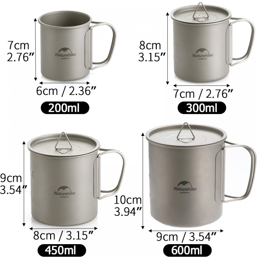 Assorted Naturehike Titanium Camp Pots and Mugs showcasing their compact design and foldable handles