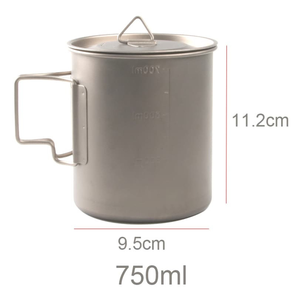 Titanium pot with 750ml capacity, measuring marks, secure grip lid, and mesh sack.