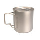 Titanium pot with 750ml capacity, measuring marks, secure grip lid, and mesh sack.