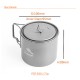 TOAKS titanium pot showcasing its 550ml capacity, measuring marks, lockable grip lid, and mesh sack.