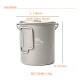 TOAKS titanium pot showcasing its 750ml capacity, measuring marks, lockable grip lid, detachable bail handle, and mesh sack.