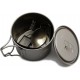 TOAKS POT-550-L Titanium Cooking Set including a lightweight pot with lid, folding spork, windscreen, and solid fuel stove, ideal for solo outdoor enthusiasts.
