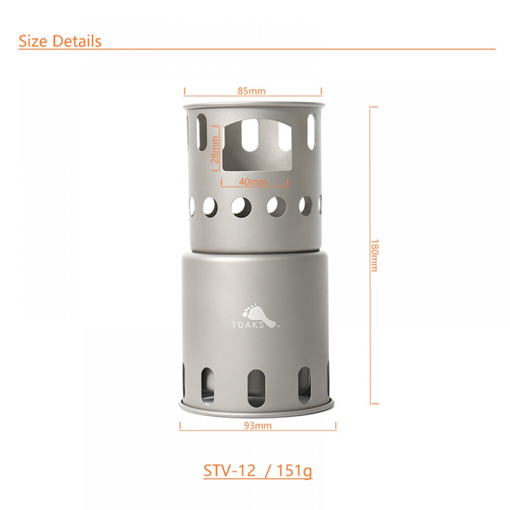 TOAKS STV-12 small Titanium Wood Stove with efficient multi-combustion design.