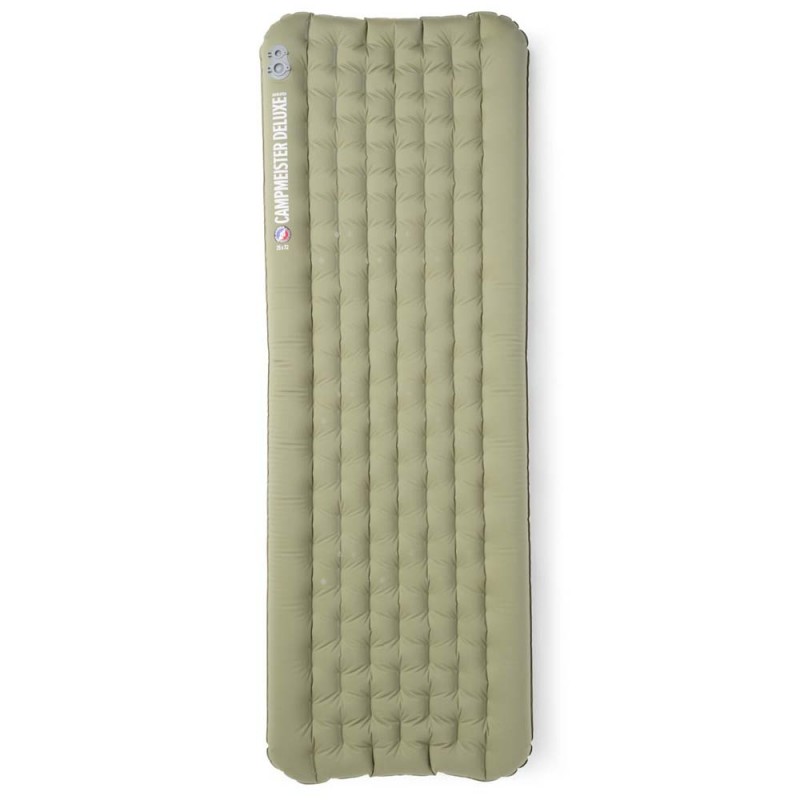 Top view of Big Agnes Campmeister Deluxe Insulated Sleeping Mat in green, showing full rectangular shape and quilted design.