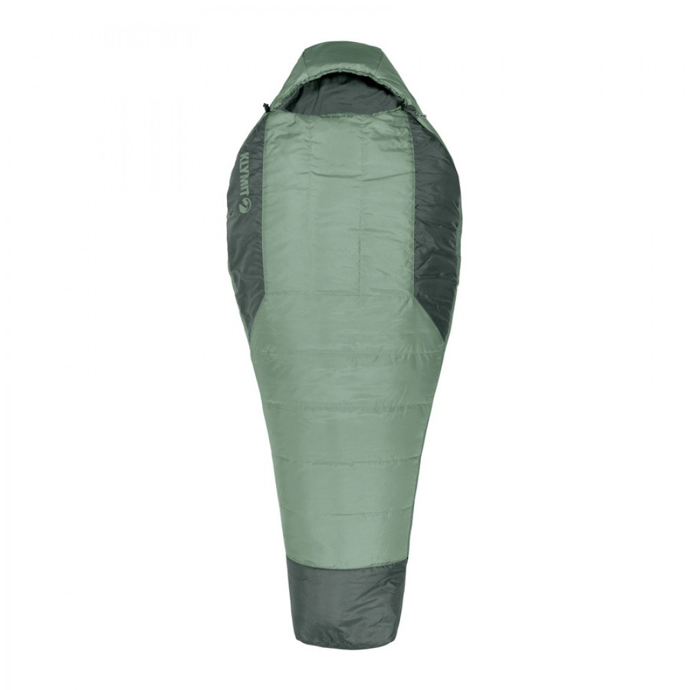 Green KLYMIT Wild Aspen 20 Sleeping Bag with synthetic insulation and adjustable mummy hood.