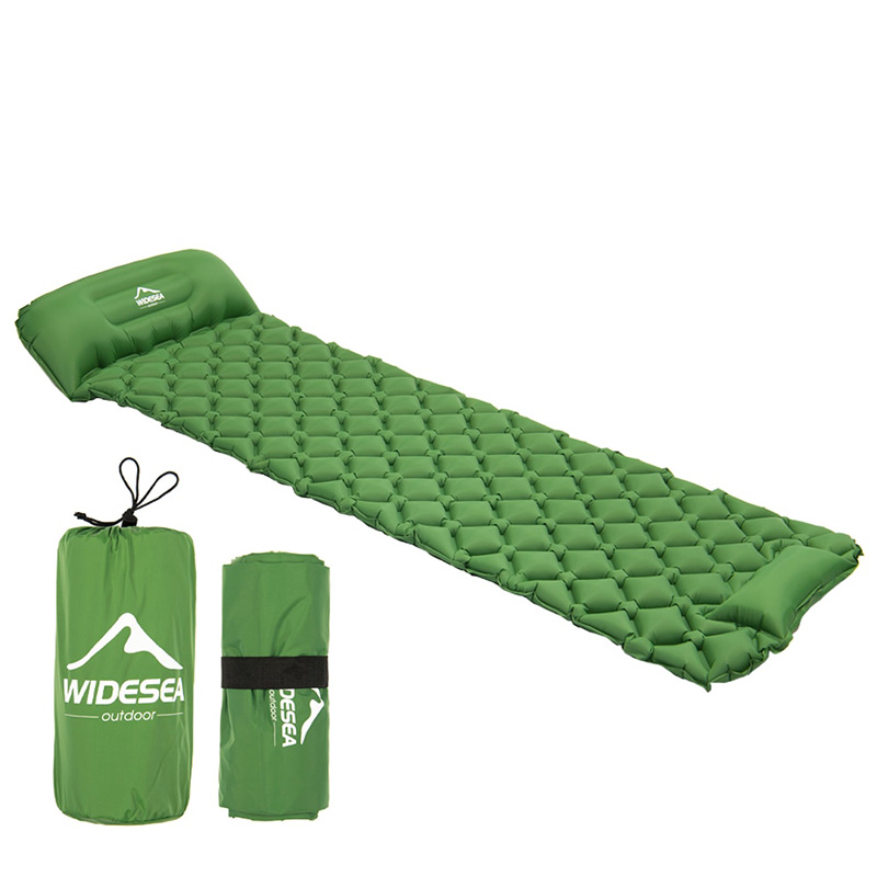 Green Widesea blow up mattress for camping with built-in pillow, shown rolled and packed in compact carry bag.