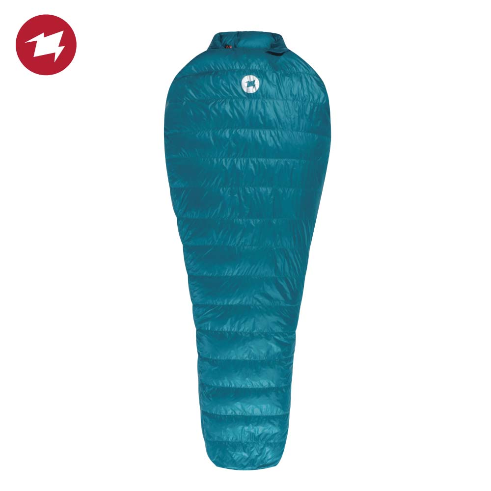 Front view of the Aegismax Nano2 mummy-style goose down sleeping bag in teal color