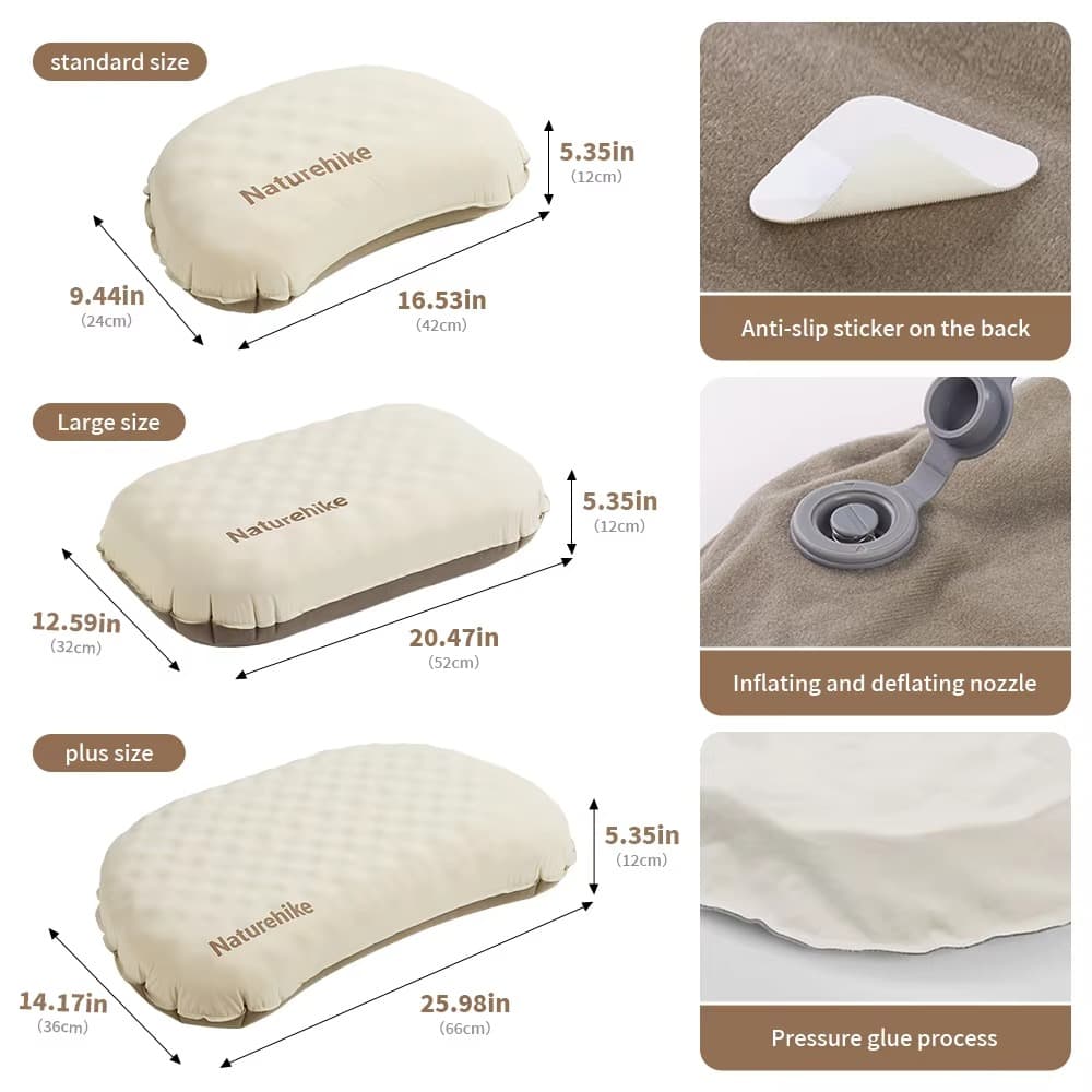 Woman sleeping on the Naturehike Feather Bone 2-in-1 inflatable pillow, highlighting the pillow’s softness and comfort, with size options displayed alongside.
