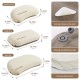 Woman sleeping on the Naturehike Feather Bone 2-in-1 inflatable pillow, highlighting the pillow’s softness and comfort, with size options displayed alongside.