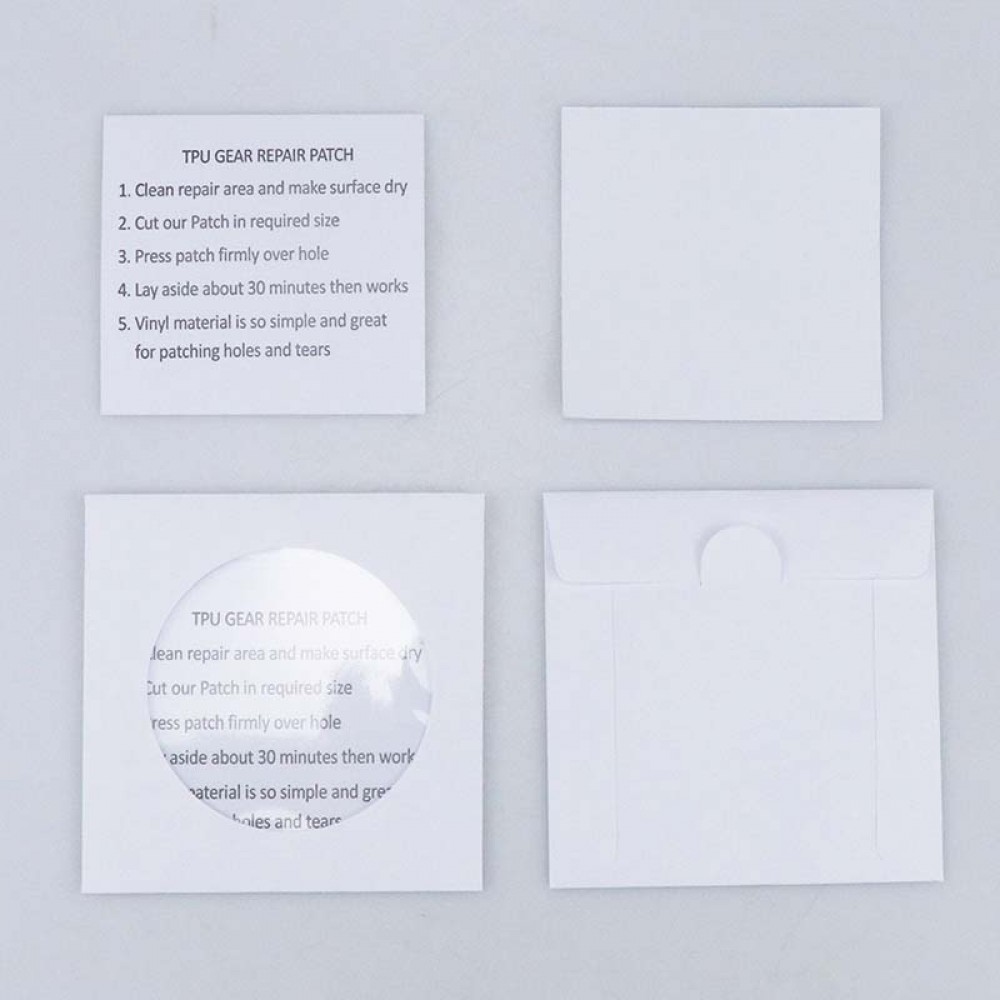 Pack of 5 Desert&Fox TPU gear repair patches showcasing their utility in repairing tent cloths and other camping gear