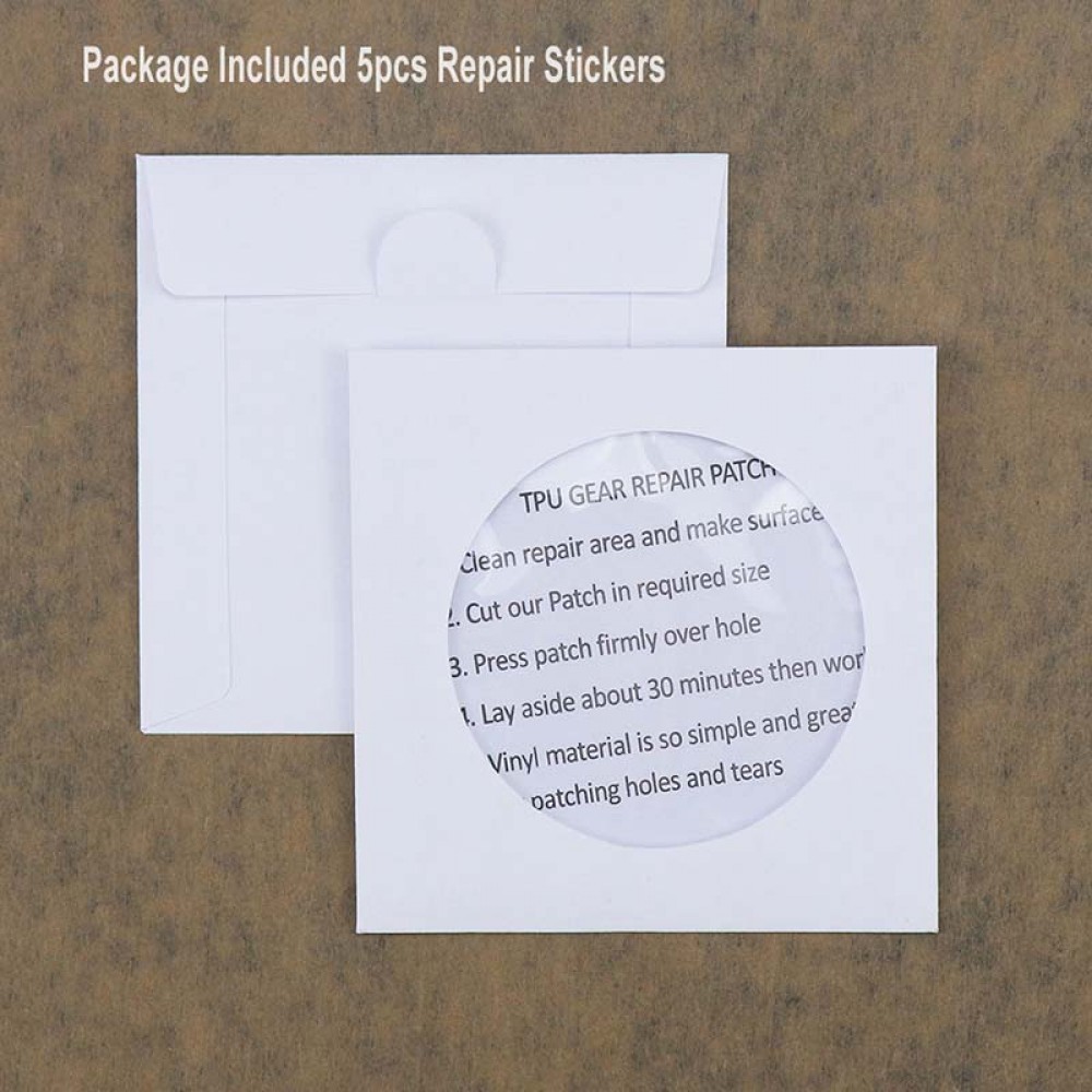 Pack of 5 Desert&Fox TPU gear repair patches showcasing their utility in repairing tent cloths and other camping gear