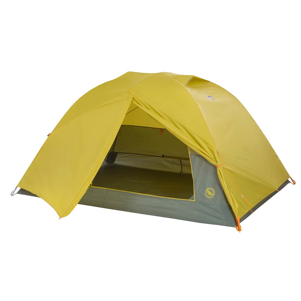 Big Agnes Blacktail 2 backpacking tent in warm olive and chinois green color, front view with rainfly partially open.