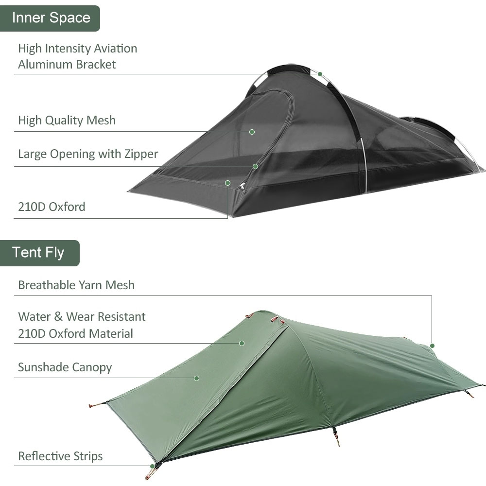 Ultralight Four-Season Tent in Army Green/Earthy Brown, equipped with aviation aluminum poles and breathable mesh, perfect for diverse outdoor activities.