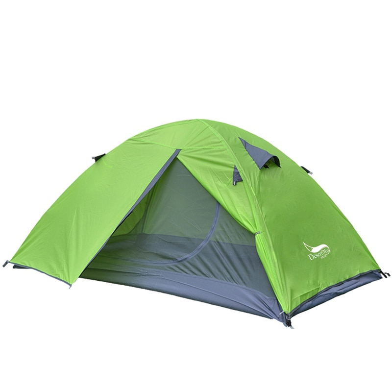 Green Desert&Fox Ultralight 2 person tent showing mesh ventilation and open front door
