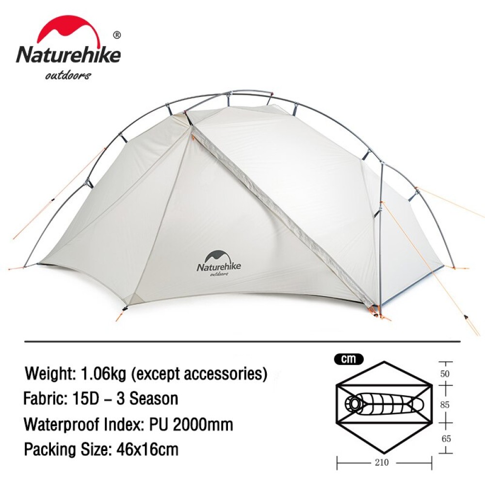 Naturehike VIK ultralight camping tent for 1 person in a 3 season use, waterproof and windproof with automatic magnet closure, 7001 aluminum alloy poles and storage net pocket for small items, and zippered doors for easy access and ventilation.