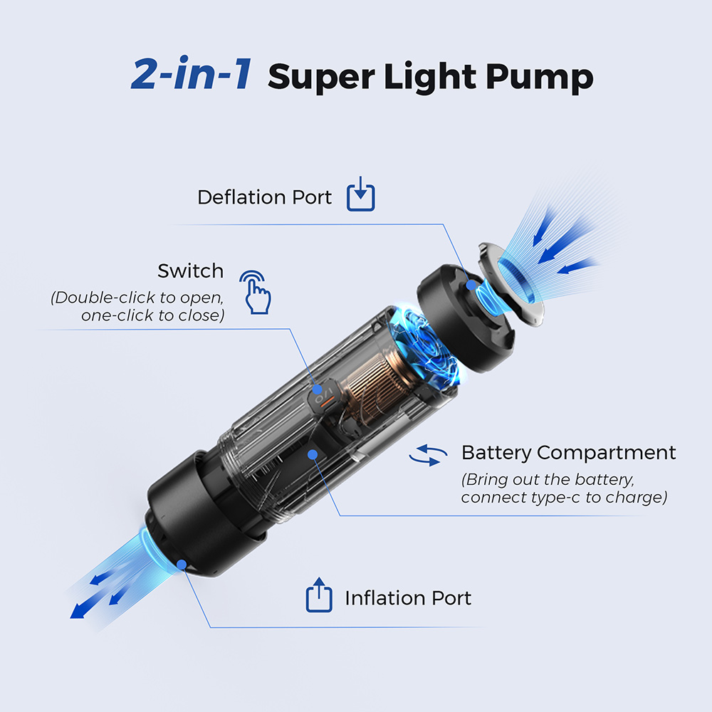 Flextail Gear Zero Air Pump - Ultralight 34g Air Pump with Seamless Design, Replaceable Battery, and Multiple Nozzles for Sleeping Pads