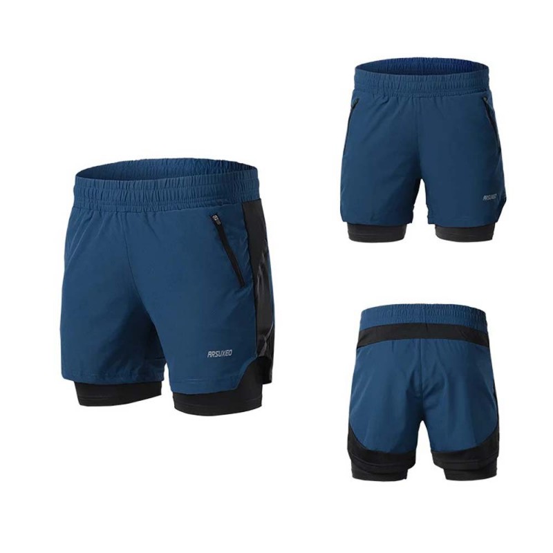 ARSUXEO men’s 7 inch 2-in-1 running shorts in blue with black liner, shown from front, side, and back angles.