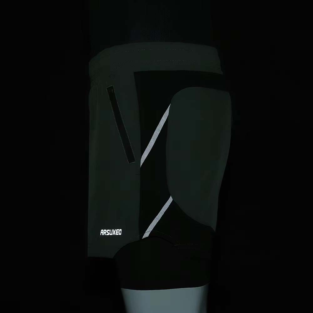 ARSUXEO men’s 7 inch 2-in-1 running shorts in blue with black liner, shown from front, side, and back angles.