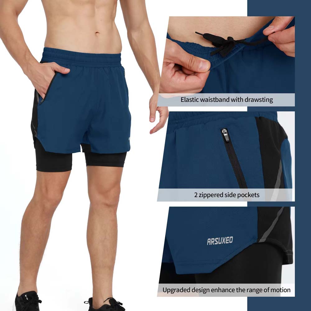 Man wearing ARSUXEO men’s 7 inch gym shorts with elastic waistband, drawstring, zippered side pockets, and range of motion design.