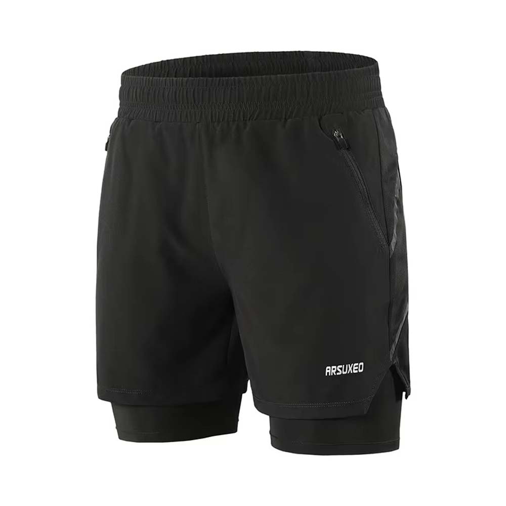 ARSUXEO men’s 7 inch 2-in-1 running shorts in blue with black liner, shown from front, side, and back angles.