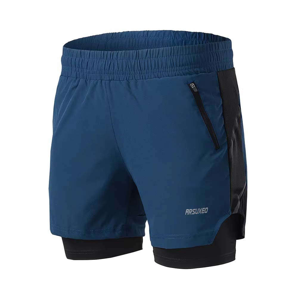 ARSUXEO men’s 7 inch 2-in-1 running shorts in blue with black liner, shown from front, side, and back angles.